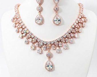 Wedding Necklace Wedding Earrings Rose Gold Zirconia Bridal Necklace Bridal Earrings Wedding Jewelry Bride necklace Bridal Jewelry Jess