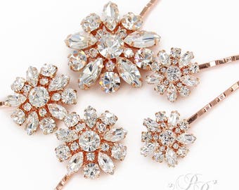 Rhinestone Wedding Hair Pins: Rose Gold Bridal Bobby Pins, Set of 2 Daisy