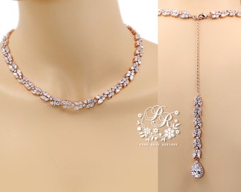 Wedding Necklace Rose gold Zirconia Bride choker leaf Necklace Wedding Jewelry Bridal Jewelry Bridal Necklace Backdrop Necklace Ava