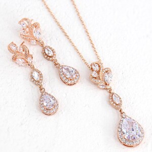 Wedding Necklace set Rose gold Earrings Zircon Bridesmaid Earrings Backdrop Necklace Wedding Jewelry set Bridal Necklace Bridal Earrings Zoe image 1