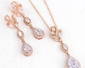 Wedding Necklace set Rose gold Earrings Zircon Bridesmaid Earrings Backdrop Necklace Wedding Jewelry set Bridal Necklace Bridal Earrings Zoe