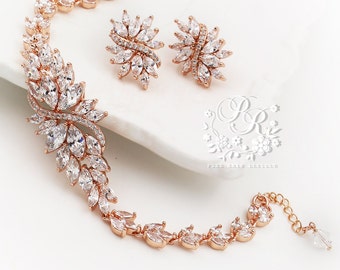 Trouwoorbellen set Trouwarmbanden set Roségoud Zirkonia Bruidsoorbellen Bruidsarmbanden set Bruidssieraden Bruidsmeisjesarmband Ava