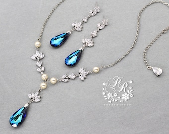 Wedding Necklace Earring Swarovski Bermuda Blue Crystal pendant Zirconia Rhinestone Necklace Earrings Wedding Jewelry Bridal Jewelry Ava