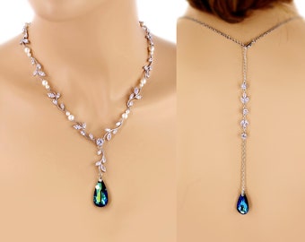 Wedding Necklace Swarovski Bermuda Blue Crystal pendant Zirconia Backdrop Necklace Wedding Jewelry Bridal Jewelry Wedding Accessory Ava