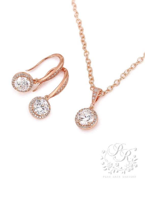 Wedding Necklace Earrings Set Rose gold Earrings Zirconia | Etsy