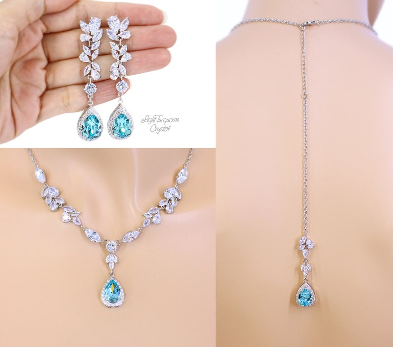 Sapphire blue Wedding Necklace set Zirconia light turquoise Bridal Necklace Wedding Jewelry set Bridesmaid Earrings Backdrop Necklace Sasa Ear+Neck w/Backdrop