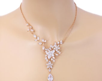 Floral Leaf Wedding Necklace Earrings set Zirconia Rhinestone Backdrop Necklace Bridal Earrings Bridal necklace Accessory Bridal Jewelry Ava