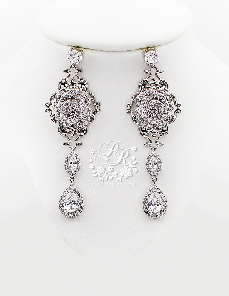 Wedding Earrings Teardrop platinum plated Zirconia Earrings Wedding Jewelry Bridesmaid Earrings Bridal Earrings Bridal Jewelry CZ rose