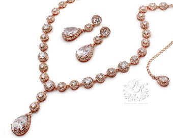 Wedding Necklace Wedding Earrings Rose Gold plated Zirconia Rhinestone Bridal Necklace Bridal Earrings Wedding Jewelry Bridal Jewelry Tvis
