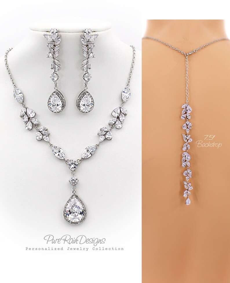 Wedding Necklace set Zircon Rhinestone Necklace Earrings Wedding Jewelry set Wedding Accessory Rose gold Bridal Backdrop Necklace set Sasa