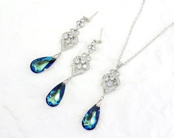 Wedding Necklace set Earrings Swarovski Bermuda Blue Crystal Zirconia Bridal Bridesmaid Necklace Earrings Wedding Jewelry Bridal Jewelry Mix