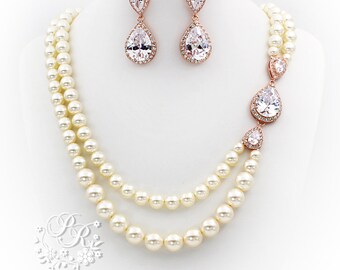 Wedding Necklace Earrings Rose Gold Swarovski Pearl Zirconia Necklace Earrings set Wedding Jewelry Bridal Jewelry Wedding Accessory Tvis