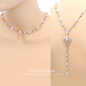 Wedding Necklace Rose Gold plated Zirconia Necklace Backdrop Necklace Wedding Jewelry Statement Back drop Necklace Bridal Jewelry Pazu Zoe