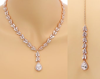 Rose Gold Bridal Necklace: Zirconia Teardrop Backdrop, Wedding Jewelry
