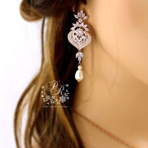 Wedding Earrings Swarovski Pearl Zirconia Chandelier Earrings Bridesmaid earrings Gift Bridal Earrings Wedding Jewelry Bridal Jewelry Jean image 3