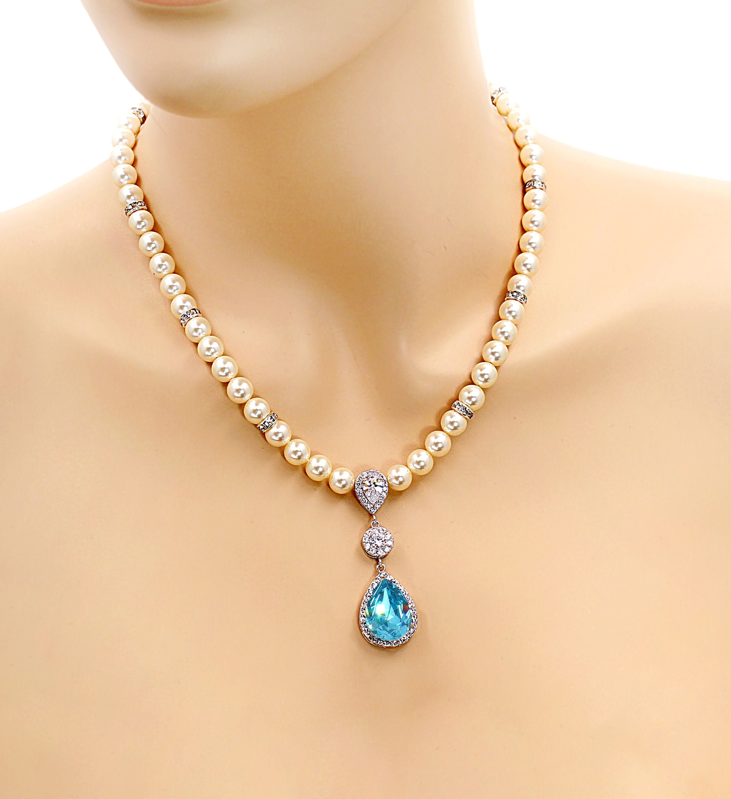 Wedding Necklace Swarovski Pearl Swarovski Light Turquoise Etsy