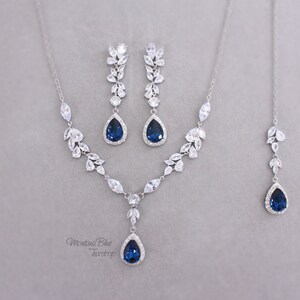 Sapphire blue Wedding Necklace set Zirconia light turquoise Bridal Necklace Wedding Jewelry set Bridesmaid Earrings Backdrop Necklace Sasa image 9