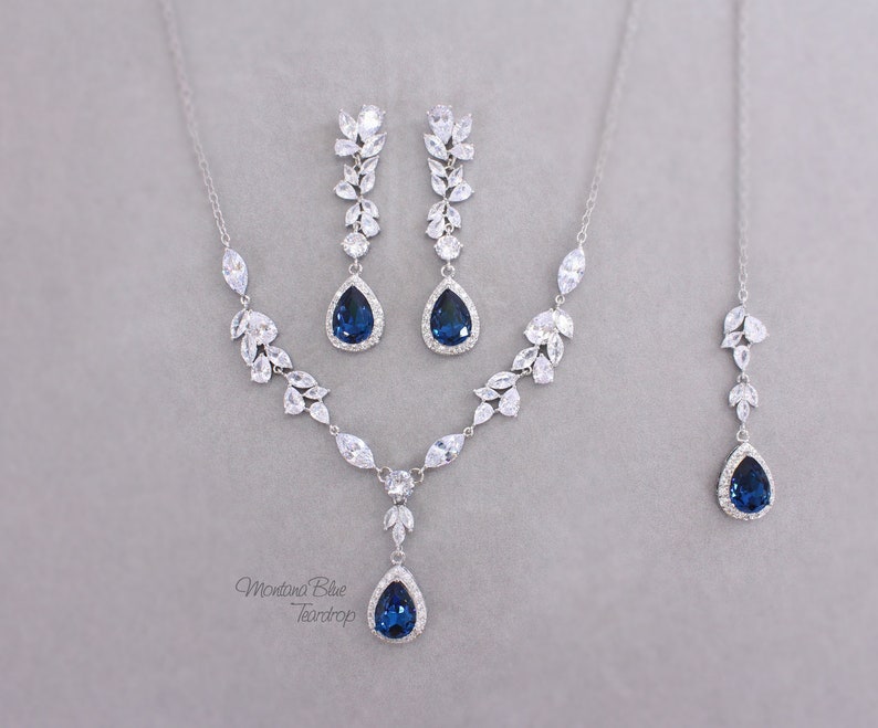 Sapphire blue Wedding Necklace set Zirconia light turquoise Bridal Necklace Wedding Jewelry set Bridesmaid Earrings Backdrop Necklace Sasa image 9