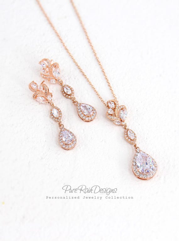 Wedding Necklace set Rose gold Earrings Zircon Bridesmaid Earrings Backdrop Necklace Wedding Jewelry set Bridal Necklace Bridal Earrings Zoe