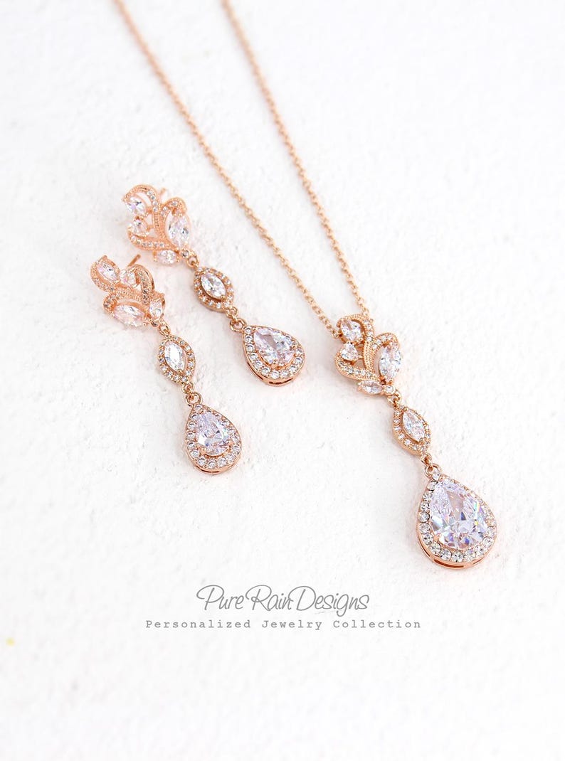 Wedding Necklace set Rose gold Earrings Zircon Bridesmaid Earrings Backdrop Necklace Wedding Jewelry set Bridal Necklace Bridal Earrings Zoe image 1
