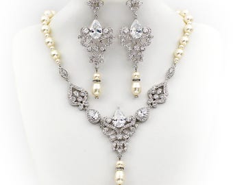 Wedding Necklace set Swarovski Pearl Zirconia Bridesmaid Gift Backdrop Necklace Wedding Jewelry set Bridal Jewelry Bridal Necklace set Zoe