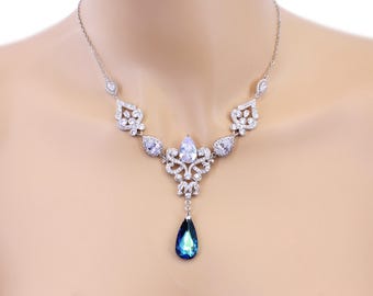Bermuda Blue Swarovski Crystal Bridal Necklace with Zirconia Backdrop Zoe