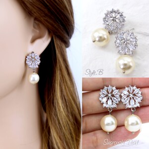 Swarovski Pearl drop bridal earrings wedding earrings dangle bridal earrings Rose gold Crystal bridal earrings statement earrings Ava