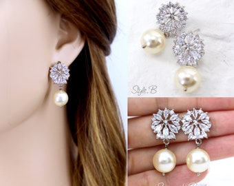 Swarovski Pearl drop bridal earrings wedding earrings dangle bridal earrings Rose gold Crystal bridal earrings statement earrings Ava
