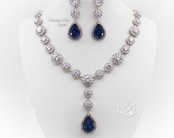 Sapphire Blue Crystal Bridal Jewelry Set: Zirconia Necklace and Earrings Zuma