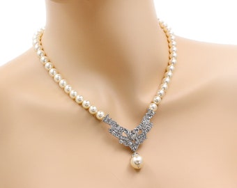 Swarovski Pearl Bridal Necklace: Rhinestone Wedding Jewelry