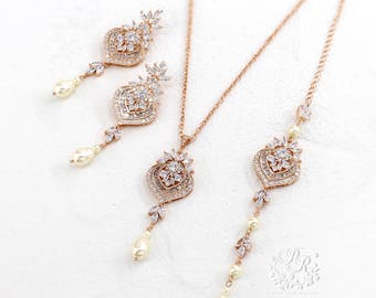 Wedding Necklace Backdrop necklace Swarovski Pearl Rose Gold Zirconia Bridal Necklace Bridal Earrings Wedding Jewelry Bridal Jewelry Jean