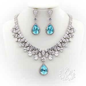 Sapphire blue Wedding Necklace Wedding Earrings Light Turquoise Crystal Zirconia Bridal Necklace Bridal Earrings Wedding Jewelry Bride Jess