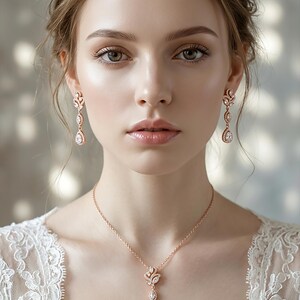 Wedding Necklace set Rose gold Earrings Zircon Bridesmaid Earrings Backdrop Necklace Wedding Jewelry set Bridal Necklace Bridal Earrings Zoe image 3