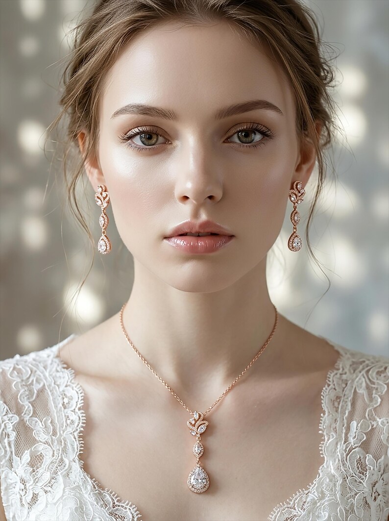 Wedding Necklace set Rose gold Earrings Zircon Bridesmaid Earrings Backdrop Necklace Wedding Jewelry set Bridal Necklace Bridal Earrings Zoe image 3