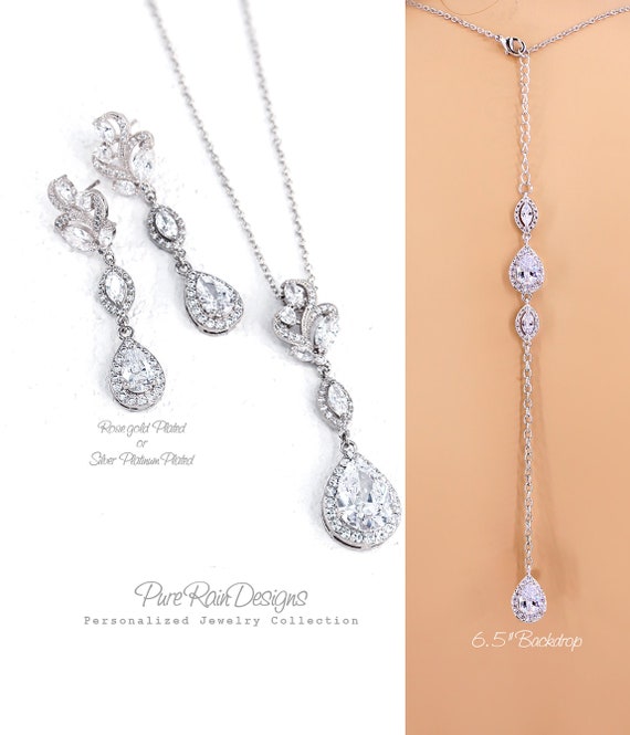 Wedding Necklace set Rose gold Earrings Zircon Bridesmaid Earrings Backdrop Necklace Wedding Jewelry set Bridal Necklace Bridal Earrings Zoe