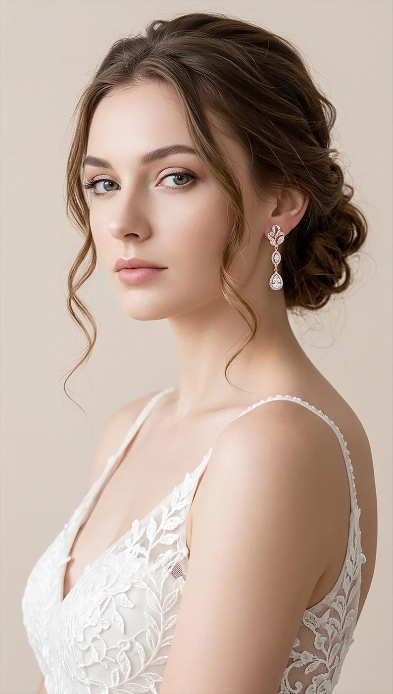 Wedding Necklace set Rose gold Earrings Zircon Bridesmaid Earrings Backdrop Necklace Wedding Jewelry set Bridal Necklace Bridal Earrings Zoe image 9