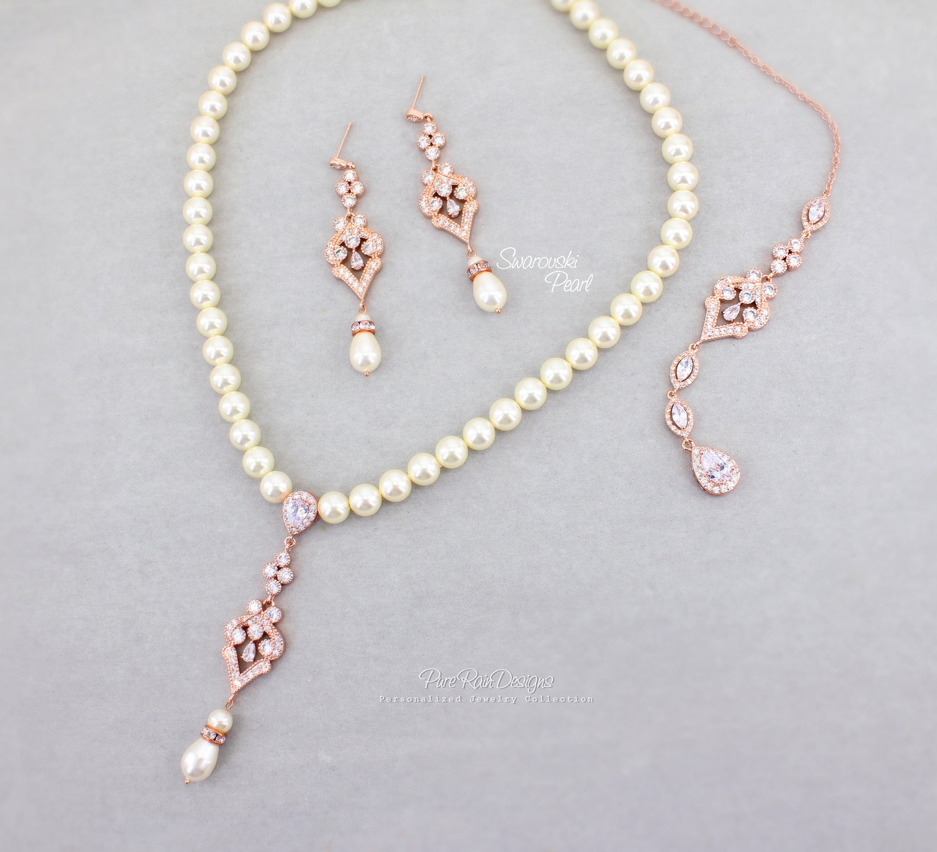★PEARLY MORE★ Swarovski Pearl Clip Holder Necklace Swarovski Pearl Wedding Necklace Earrings Zirconia Backdrop