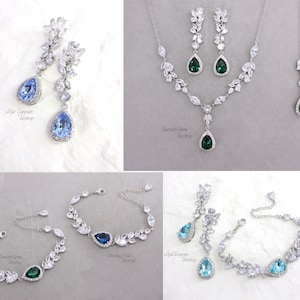 Sapphire blue Wedding Necklace set Zirconia light turquoise Bridal Necklace Wedding Jewelry set Bridesmaid Earrings Backdrop Necklace Sasa image 8