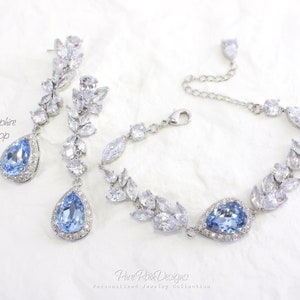 Sapphire blue Wedding Necklace set Zirconia light turquoise Bridal Necklace Wedding Jewelry set Bridesmaid Earrings Backdrop Necklace Sasa Earrings & Bracelet