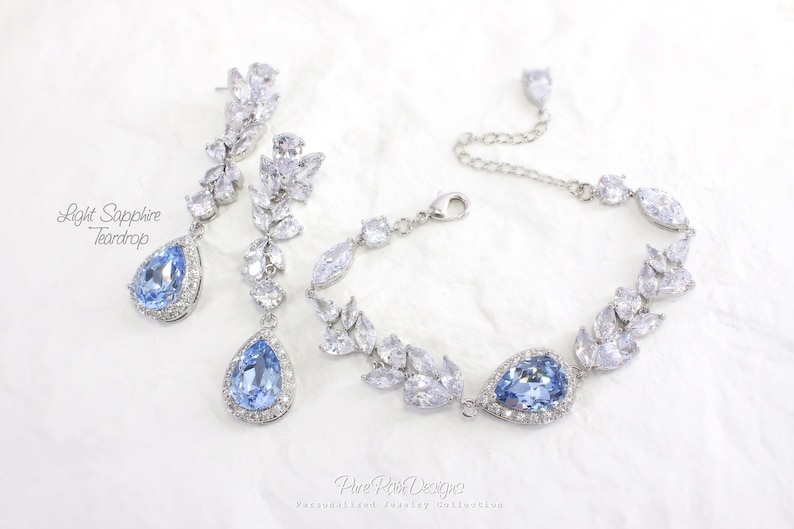 Sapphire blue Wedding Necklace set Zirconia light turquoise Bridal Necklace Wedding Jewelry set Bridesmaid Earrings Backdrop Necklace Sasa Earrings & Bracelet