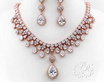 Wedding Necklace Wedding Earrings Rose Gold Zirconia Bridal Necklace Bridal Earrings Wedding Jewelry Bride necklace Bridal Jewelry Jess