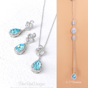 Wedding Necklace set Zirconia Light Turquoise Crystal Backdrop Necklace Bridal Necklace Bridal Bridesmaid Earrings set Bridal Jewelry Zoe