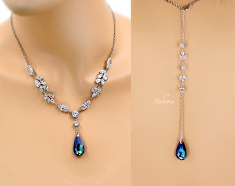 Wedding Necklace Swarovski Bermuda Blue Crystal pendant Zirconia Backdrop Necklace Wedding Jewelry Bridal Jewelry Wedding Accessory Sasa