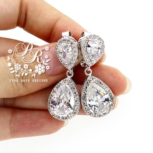 Bruiloft oorbellen Geplatineerd Teardrop Zirkonia Clip op oorbellen Bruiloft sieraden Bruidsmeisje oorbellen Bruids oorbellen Bruids sieraden