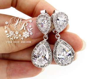 Wedding Earrings Platinum plated Teardrop Zirconia Clip on Earrings Wedding Jewelry Bridesmaid Earrings Bridal Earrings Bridal Jewelry