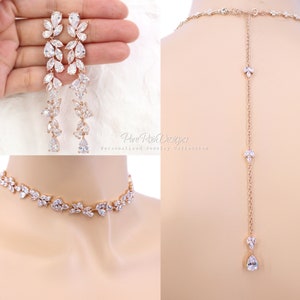 Pulsera de boda Hoja de oro rosa Zirconia Pulsera nupcial Pendientes nupciales Joyería Joyería de boda Gargantilla collar de fondo Dama de honor Sasa