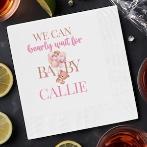 Custom We Can Bearly Wait Baby Shower Napkins, Bear Theme Baby Girl Shower Decor, Woodland Baby Shower Napkins, Pink Rustic Boy Baby Shower