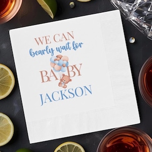 Custom We Can Bearly Wait Baby Shower Napkins, Bear Theme Baby Boy Shower Decor, Woodland Baby Shower Napkins, Blue Rustic Boy Baby Shower