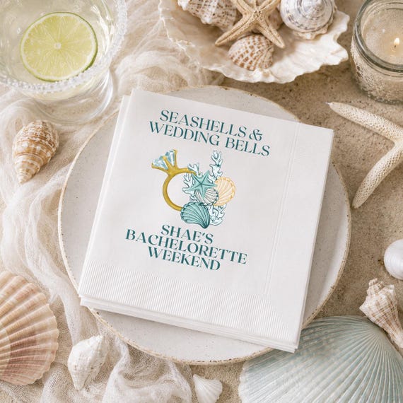 Personalized Bachelorette Party Napkins – Seashells & Wedding Bells, Beach Cocktail Napkins