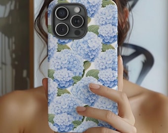 ブルーアジサイのスマホケース | 花柄iPhoneケース | エレガントな花柄スマホカバー | ボタニカル柄スマホ保護ケース
